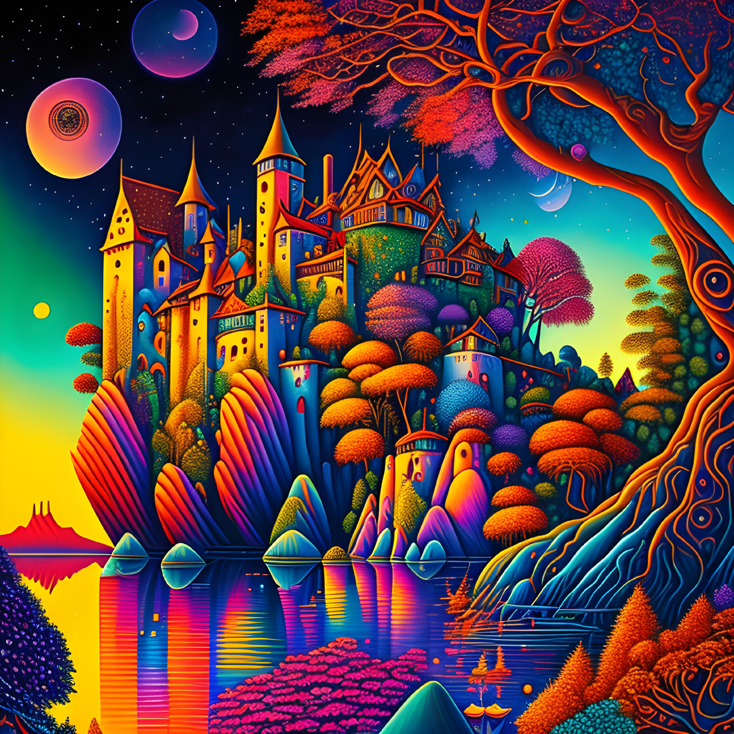 Colorful whimsical castle surrounded by trees on planets backdrop