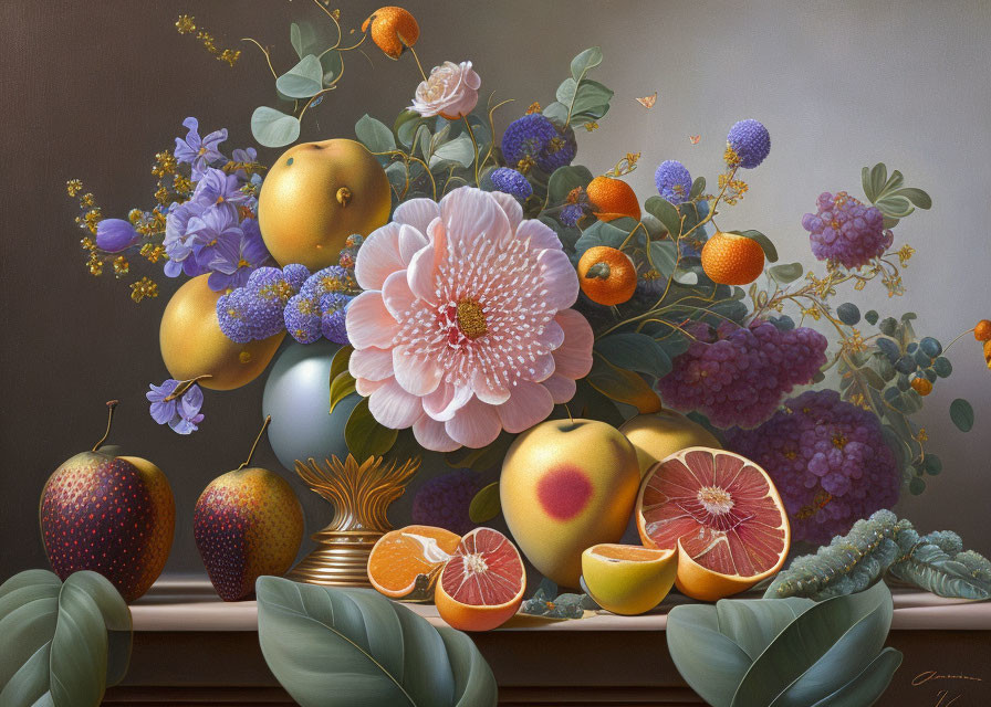 Colorful Still Life Painting with Fruits and Flowers