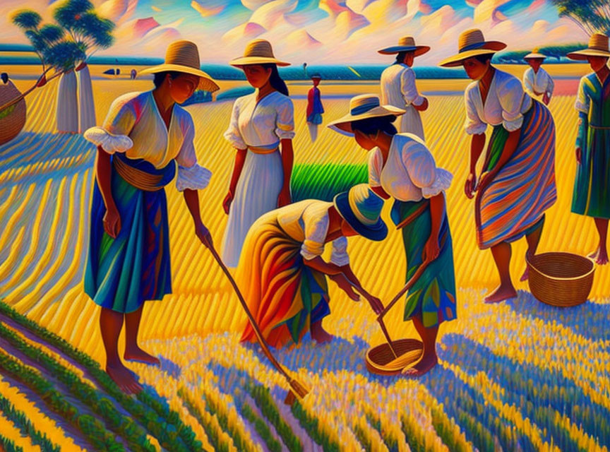 Vibrant painting of women in wide-brimmed hats harvesting crops in a stylized field