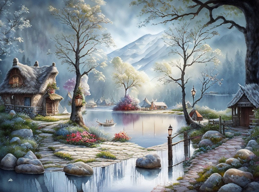 Tranquil village scene with thatched cottages, serene lake, mountains, and blossoming flora