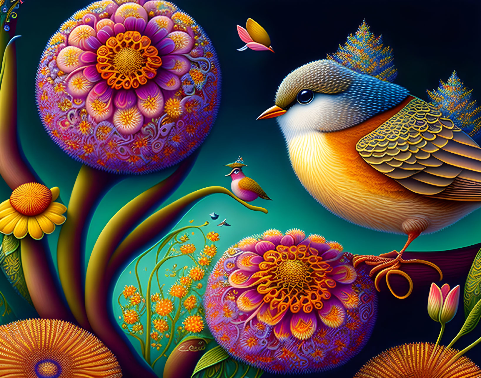 Colorful Stylized Bird Amid Ornate Flowers on Dark Background