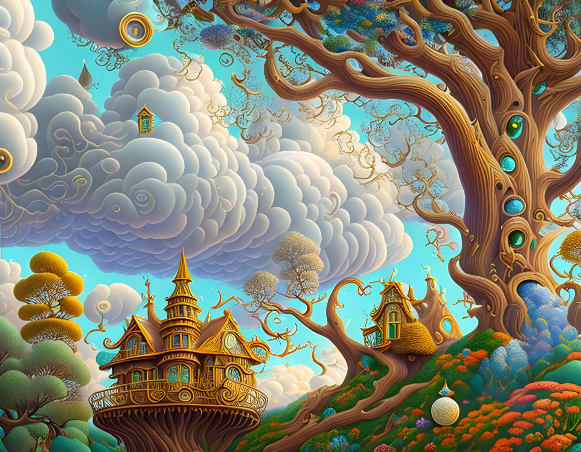 Colorful illustration of ornate treehouses in surreal landscape