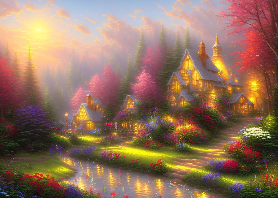 Picturesque village with cozy houses, forest backdrop, river, and vibrant flowers