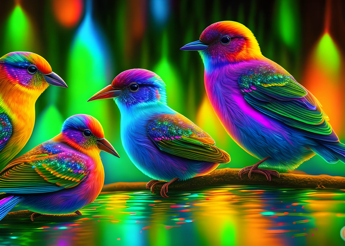 Vibrant neon-hued birds on branch in luminous forest