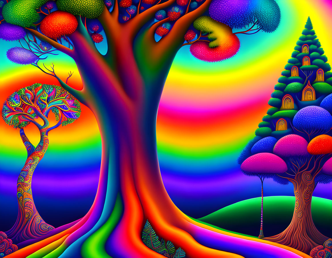 Colorful Psychedelic Landscape with Rainbow Trees and Fantastical Fruit