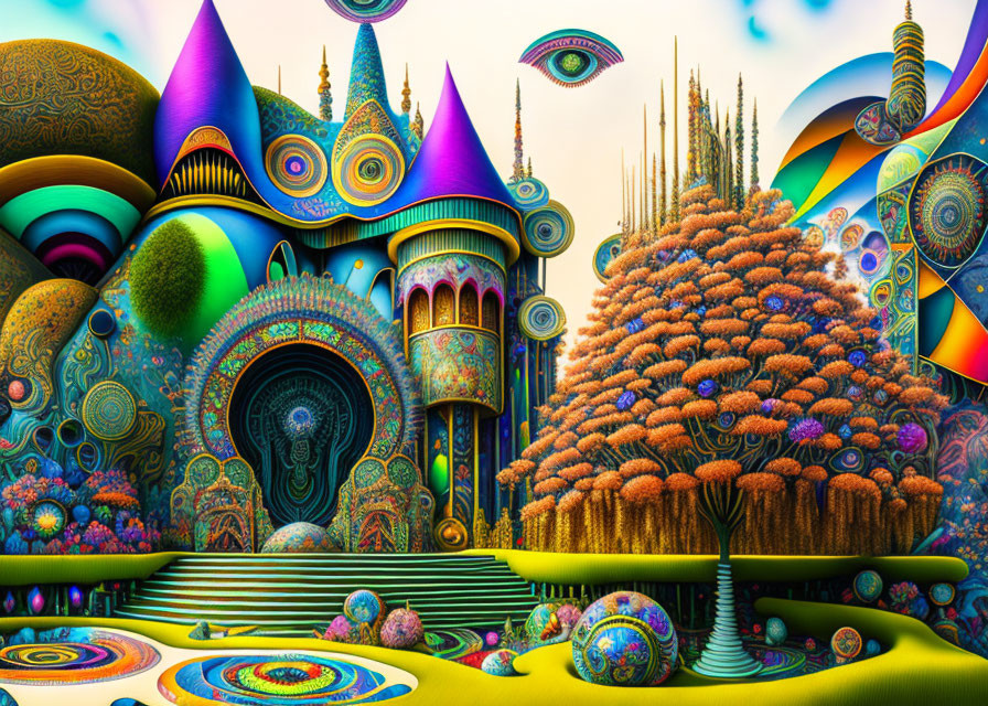 Colorful Psychedelic Fantasy Landscape with Whimsical Structures and Floating Eyes