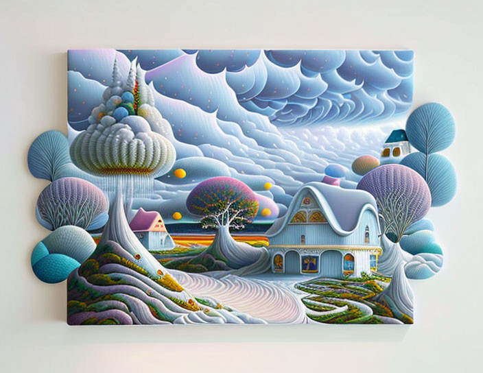 Colorful surreal landscape with whimsical structures and stylized trees