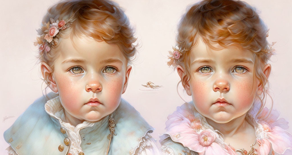 Illustrated toddlers with blue eyes, flowers in hair, vintage attire gaze softly.