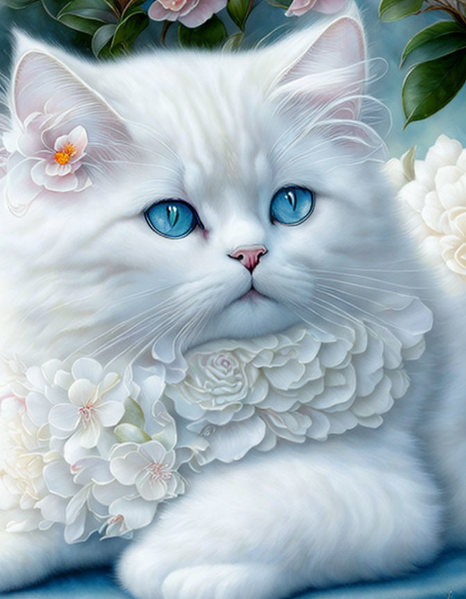 Fluffy White Cat with Blue Eyes Among White Flowers