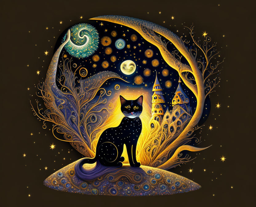 Whimsical black cat art with celestial motifs