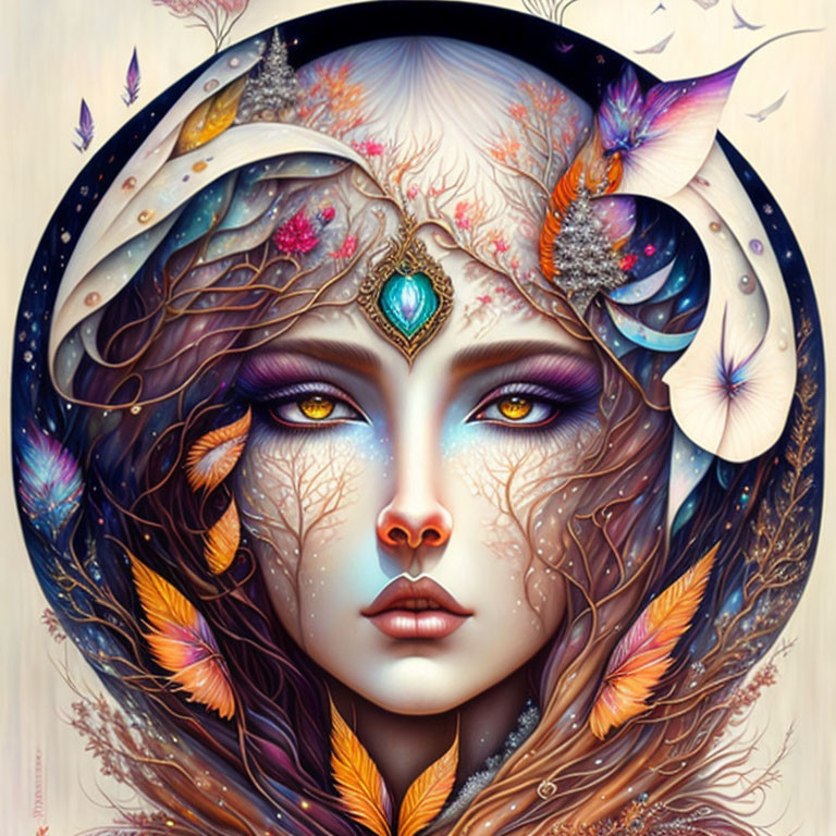 Fantasy woman with ethereal makeup in autumn setting.