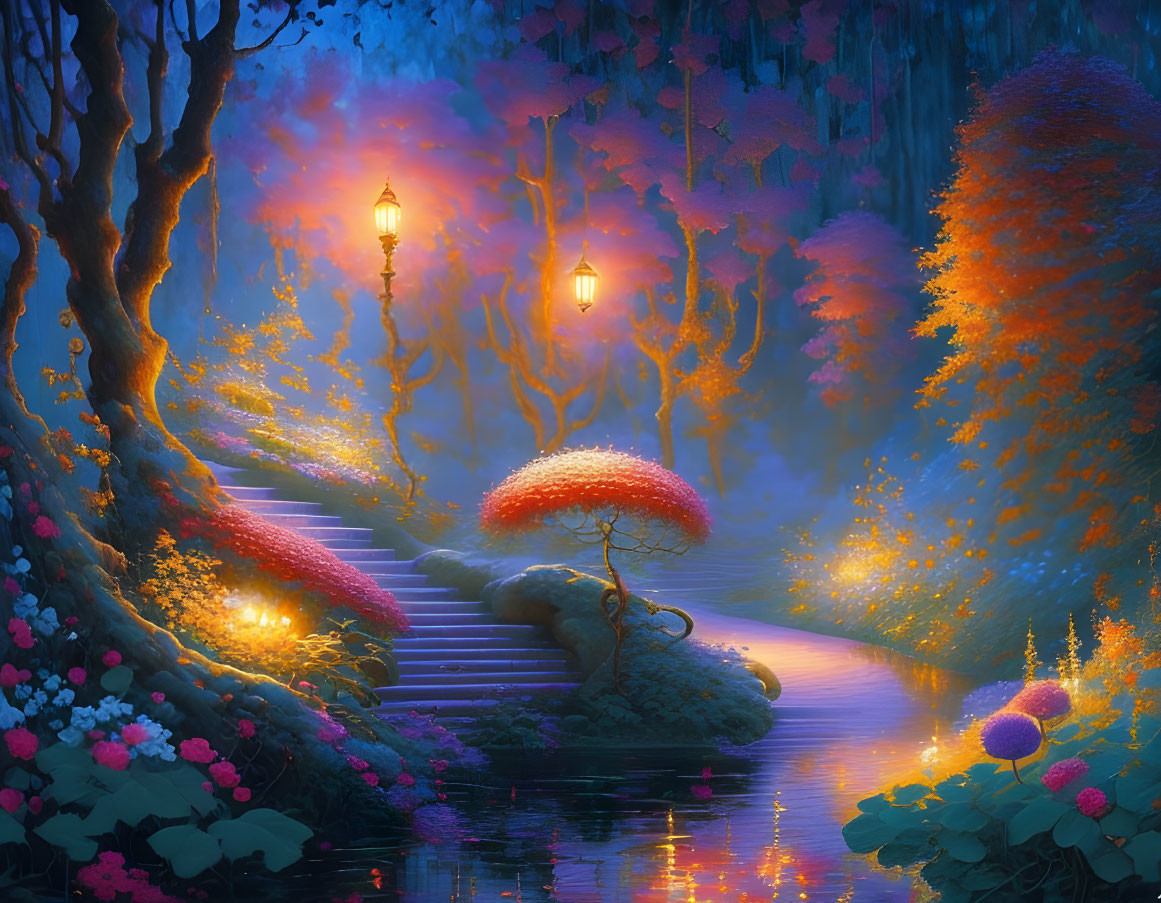 Vibrant twilight forest scene with lamp post, stone staircase, river, and colorful flora