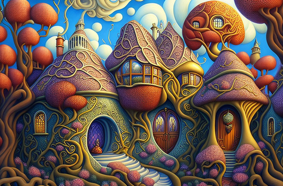 Vibrant surrealistic painting with whimsical structures and floating spheres