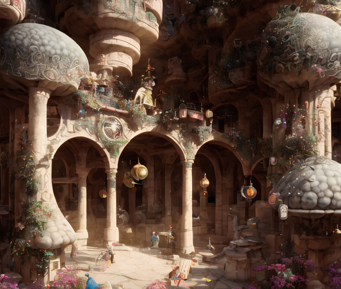 Fantastical courtyard with mushroom-shaped structures and lanterns under warm light