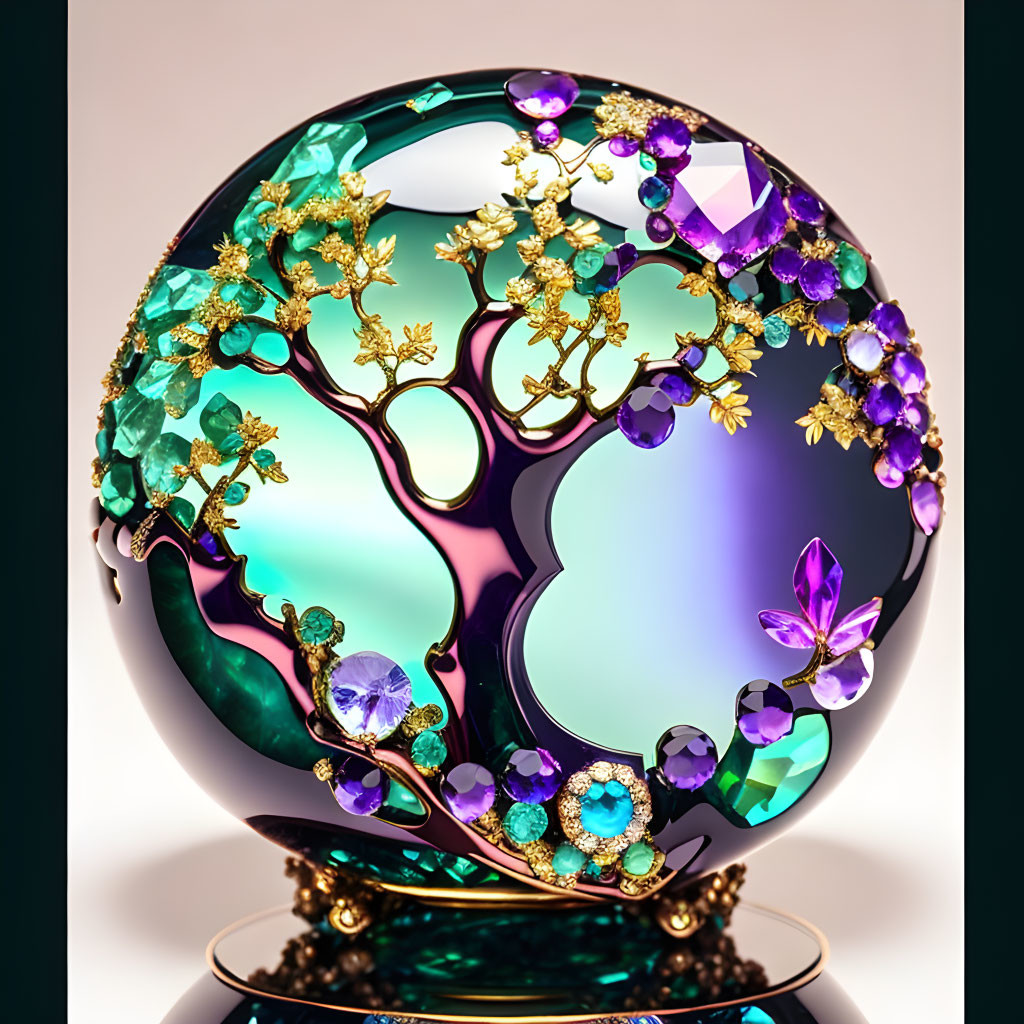 Circular tree motif artwork with gold branches and gemstones on iridescent background