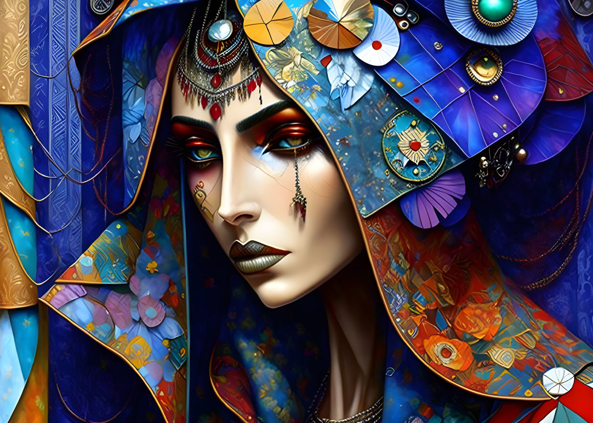 Illustrated woman adorned with intricate jewelry in colorful, mystical setting