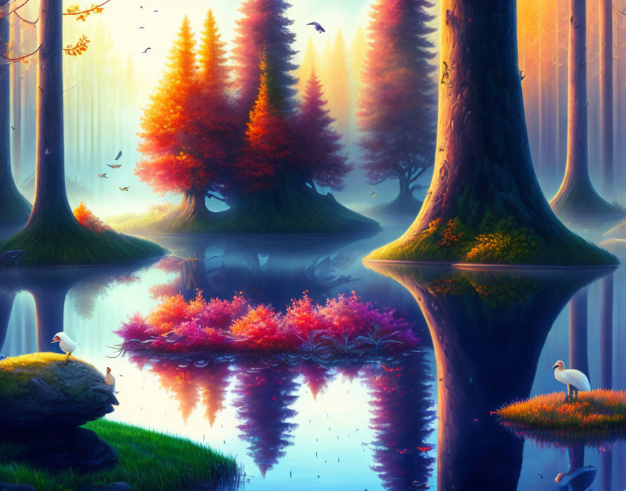 Tranquil autumn forest scene with colorful trees, reflective water, birds, and soft sunlight.