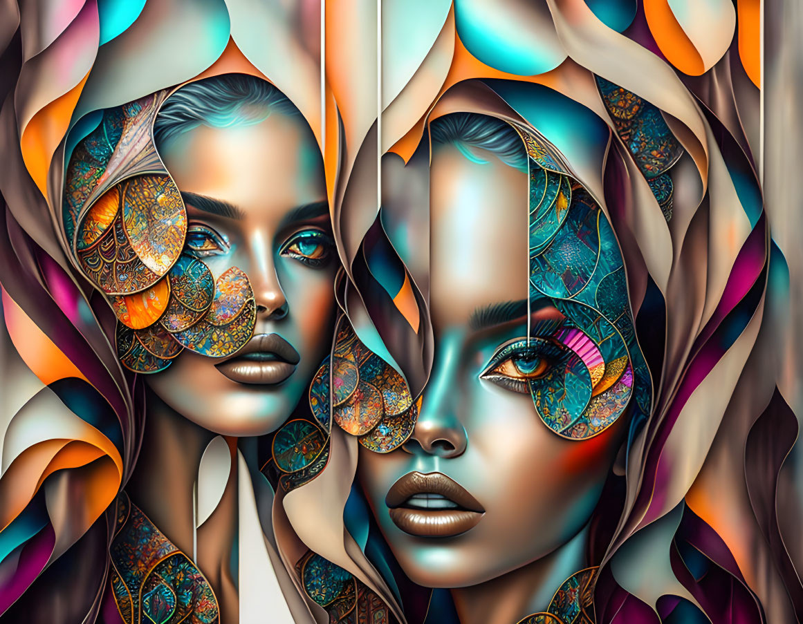 Symmetrical female faces with colorful ornate patterns on creamy backdrop