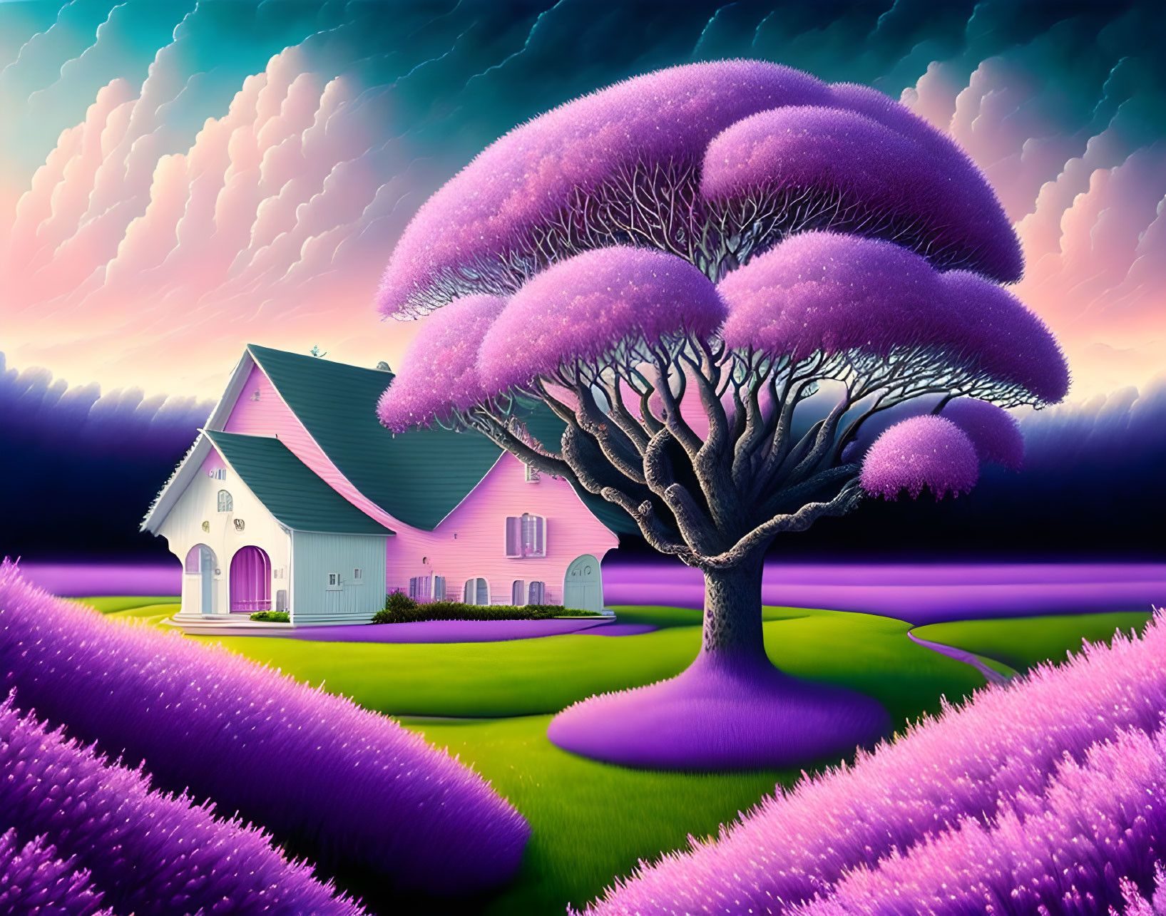 Colorful digital artwork: whimsical landscape with purple tree, pink house, purple grass, surreal sky