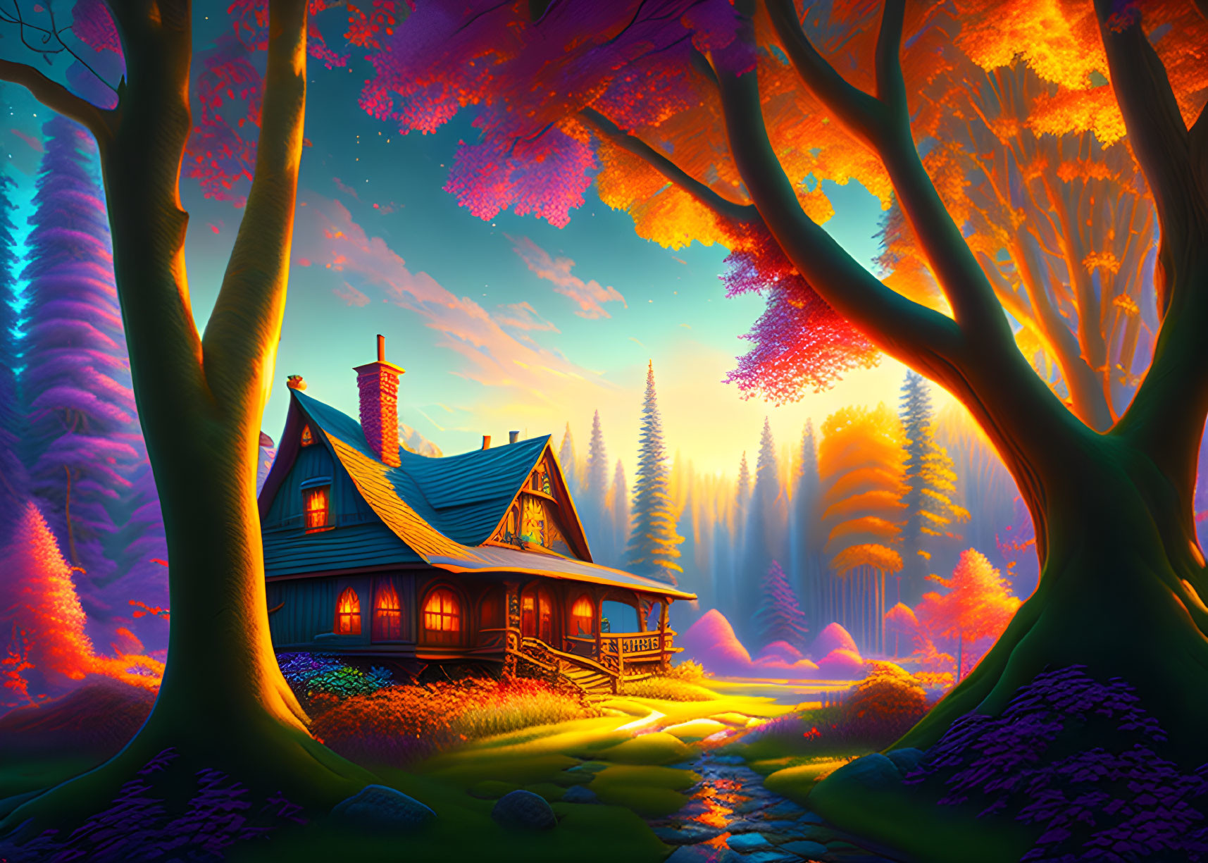 Enchanted forest sunset scene with cozy cottage