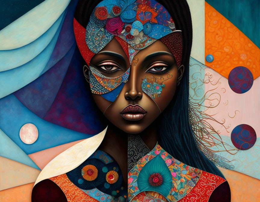 Intricate surreal portrait with celestial motifs and vibrant abstract background