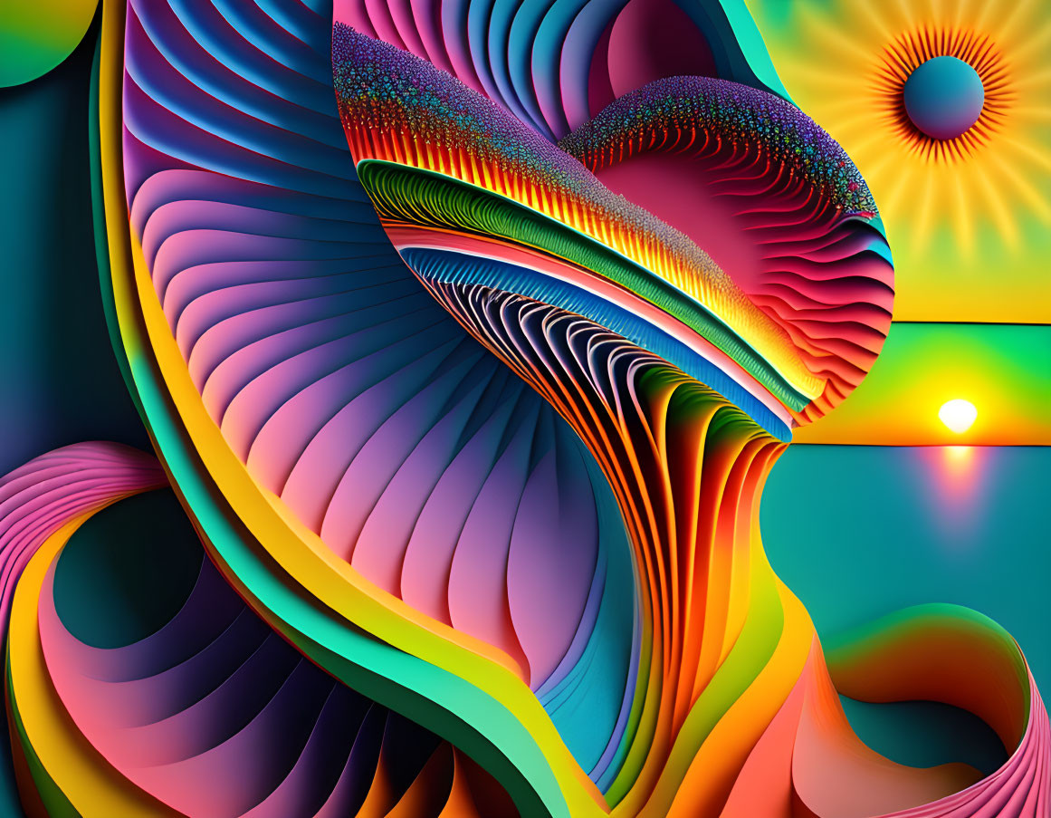 Colorful digital art: Flowing ribbons in cool blues to warm yellows