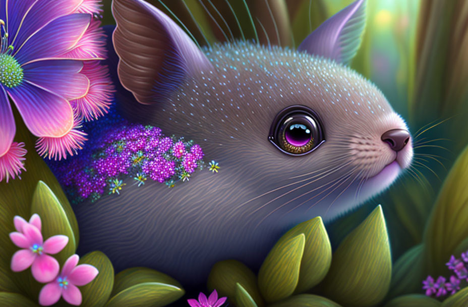 Purple fantasy creature among vibrant flowers illustration.