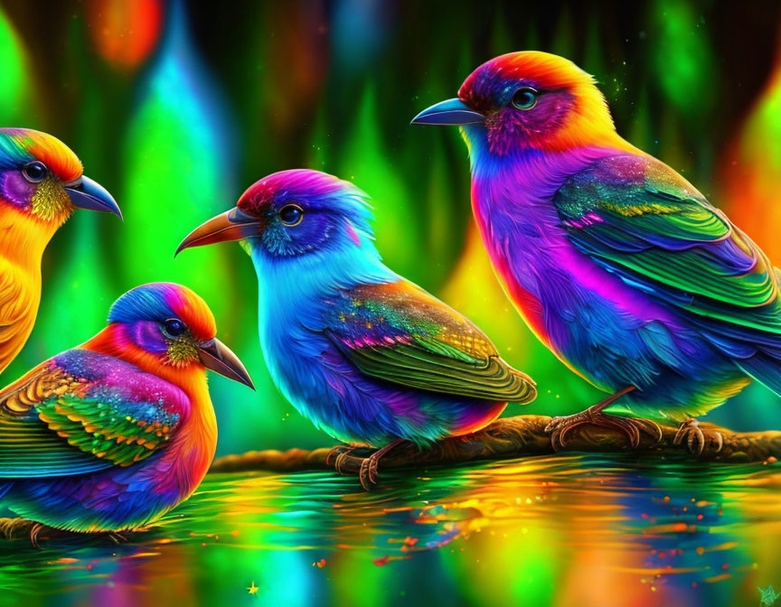 Colorful Birds Perched on Branch in Vibrant Forest Setting