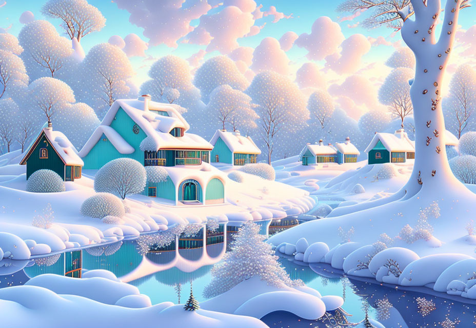 Snow-covered cottages, icy river, frosty trees in serene winter scene