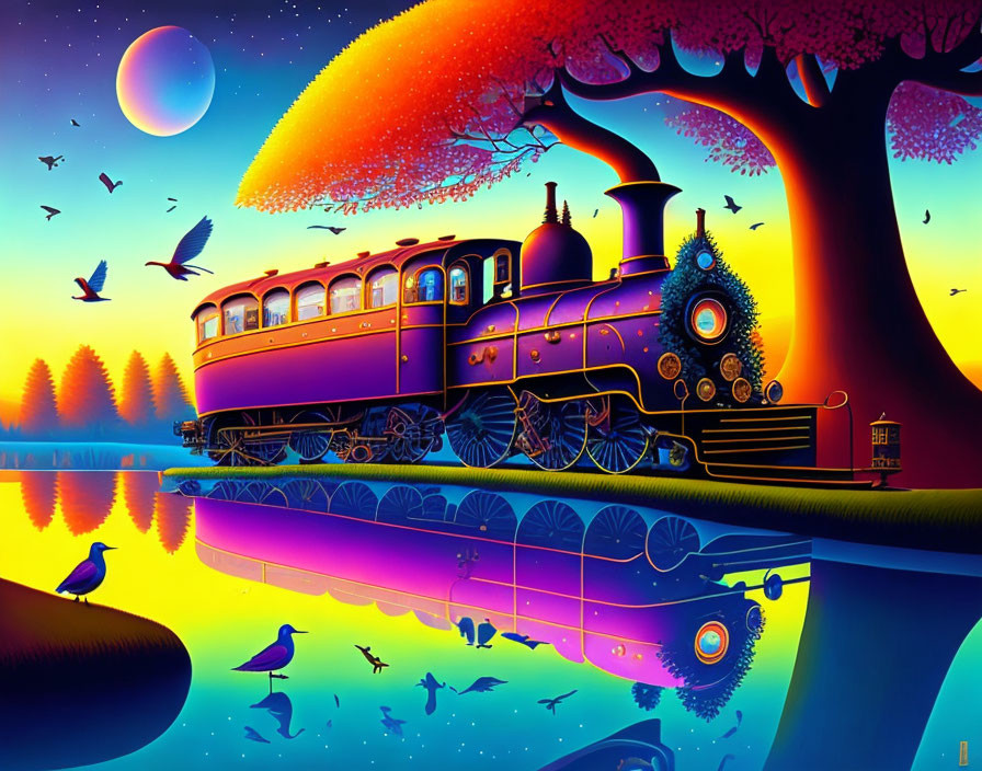 Colorful vintage train by lake at sunset with tree and birds reflected.