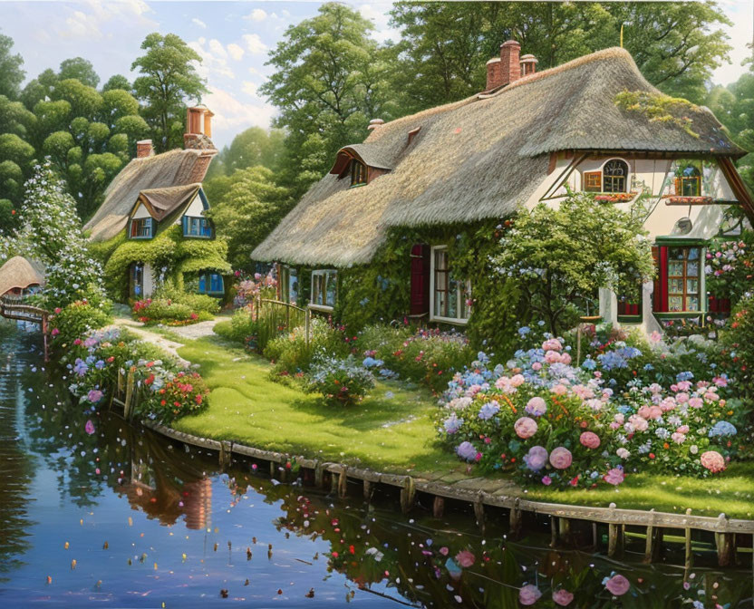 Tranquil river and thatched-roof cottages in lush garden landscape