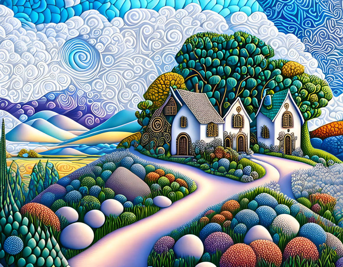 Colorful Whimsical Landscape with Stylized Houses and Patterned Hills