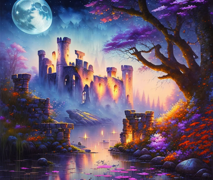 Fantasy landscape: ancient castle, lake, moon, purple foliage, glowing flora