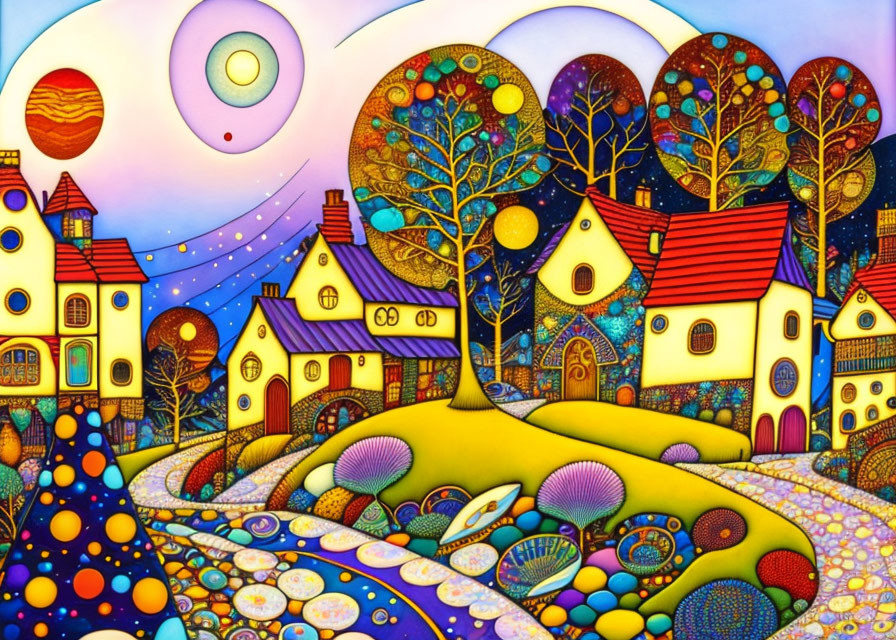 Whimsical landscape with colorful houses, circular trees, and vibrant sky