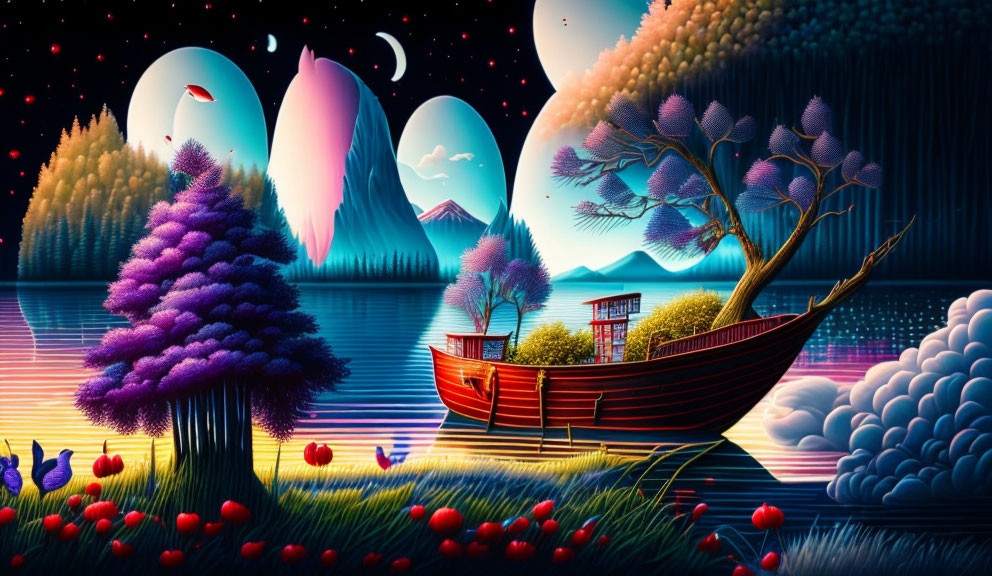 Colorful digital art: Whimsical landscape with trees, boat, mountains, starry sky