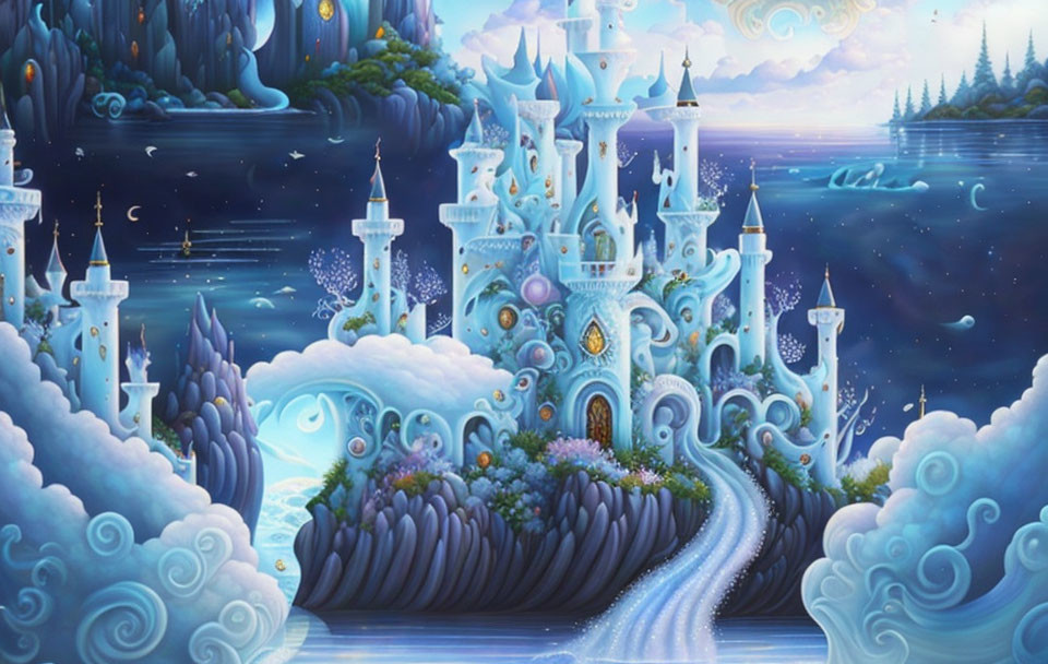 Fantastical castle with spires on cliffs under starry night sky