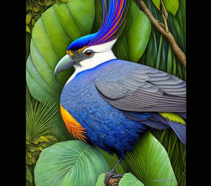 Vibrant bird illustration with blue and orange feathers perched on a branch