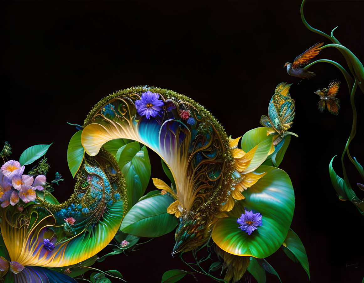 Colorful digital artwork with ornate floral and peacock patterns.