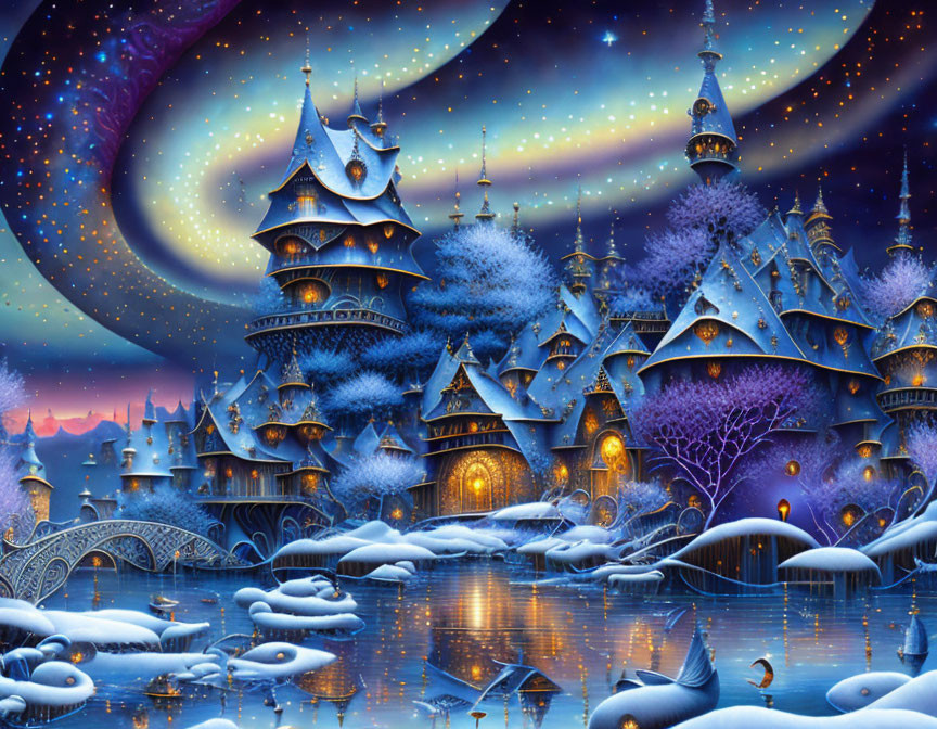 Whimsical snow-covered buildings under a starry sky and luminescent trees reflected in water