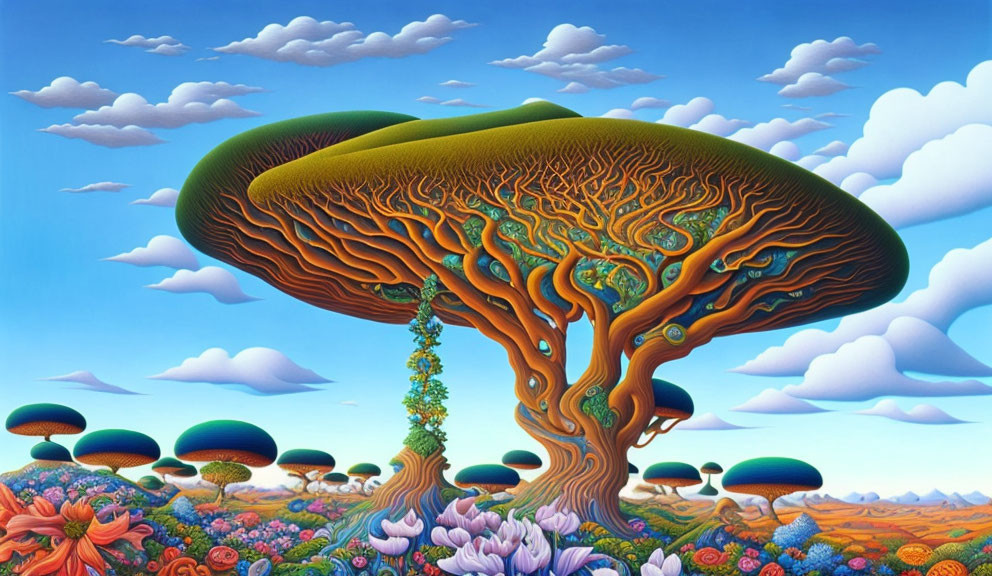 Colorful Surreal Landscape with Mushroom Tree and Hills under Blue Sky