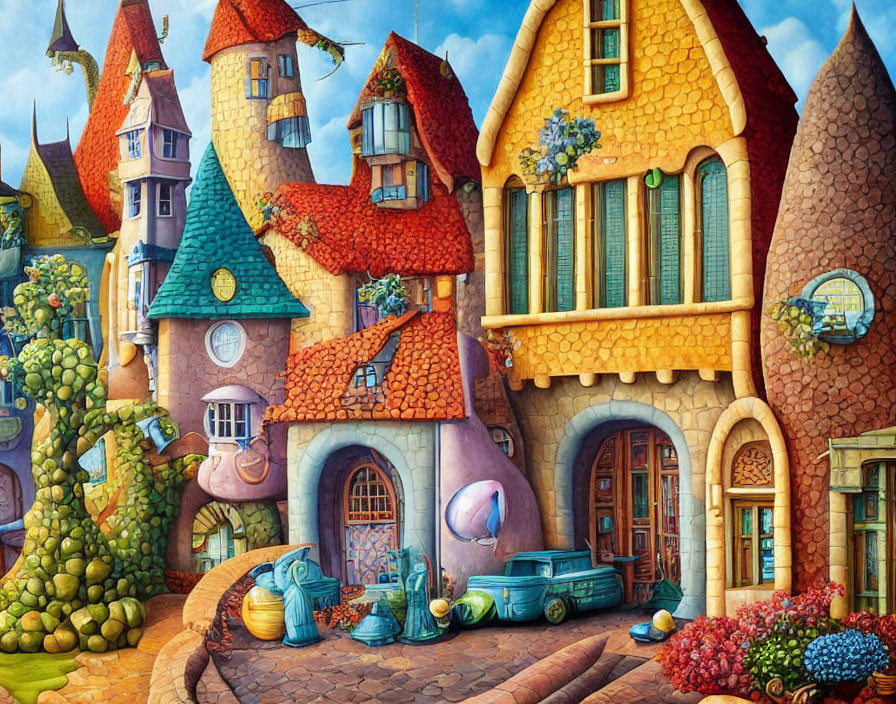 Colorful Fantasy Village with Quirky Architecture and Greenery