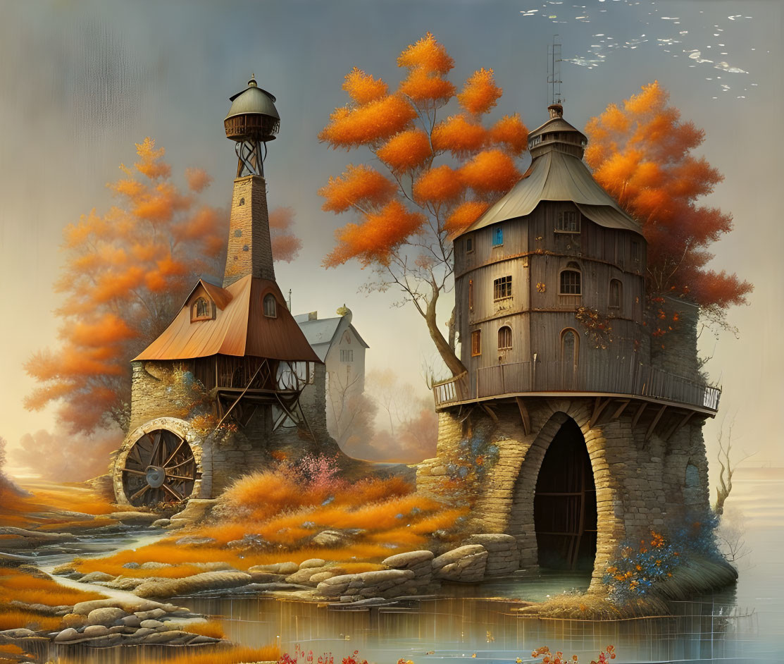 Stone tower, waterwheel, treehouse, autumn foliage, serene waterway