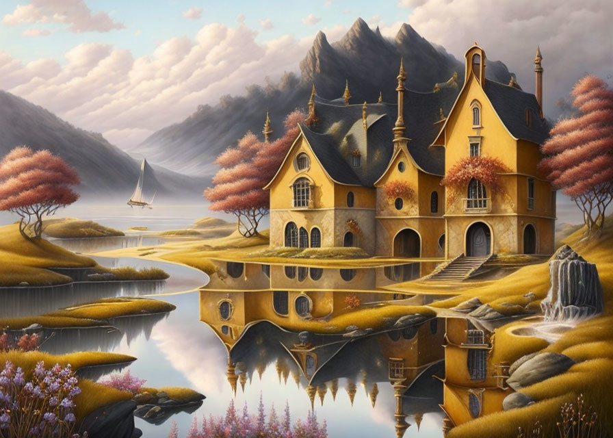 Golden castle-like house by serene lake with sailboat and mountains