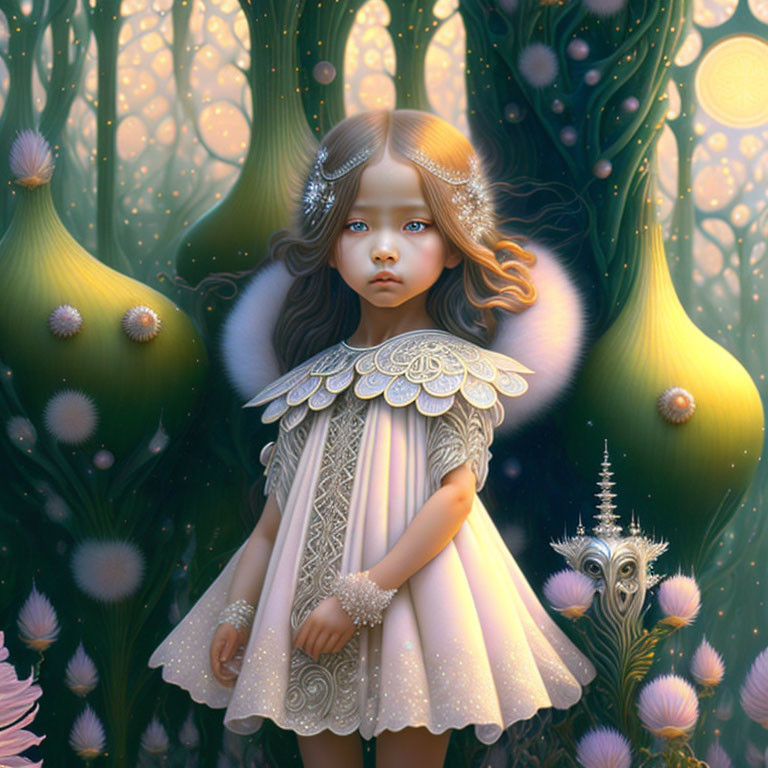 Whimsical illustration of mystical girl with glowing plants & ethereal creature