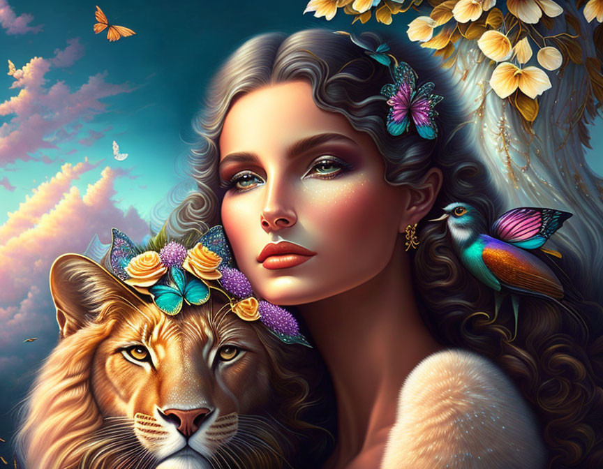 Fantasy portrait featuring woman with wavy hair, lion, bird, flowers, butterflies, and night