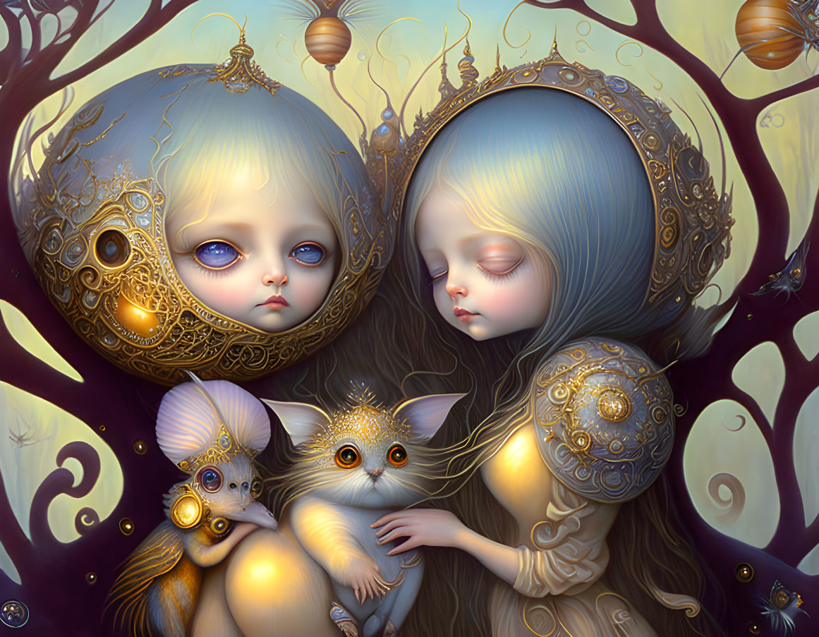 Ethereal children with large eyes in golden headpieces beside whimsical creature