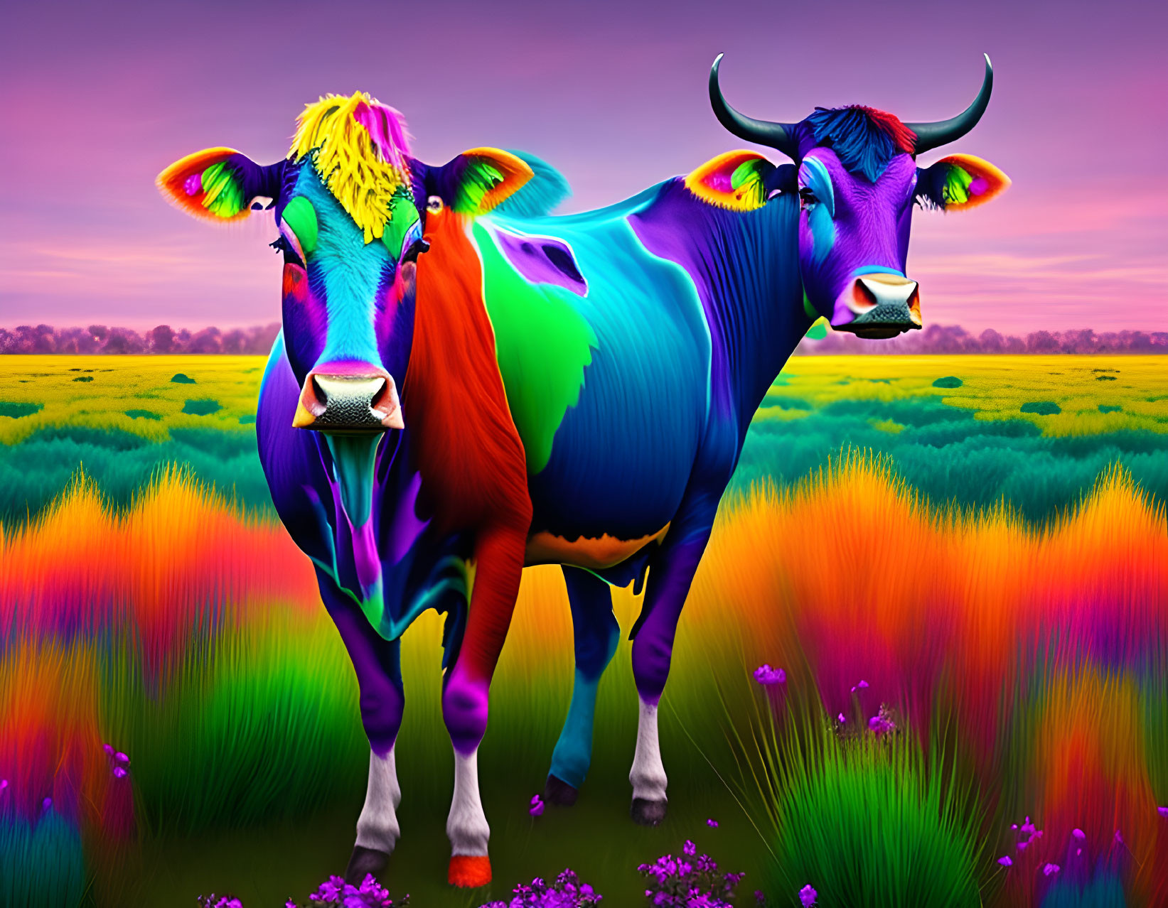 Colorful Digital Artwork: Two Cows in Vibrant Meadow with Purple Sky