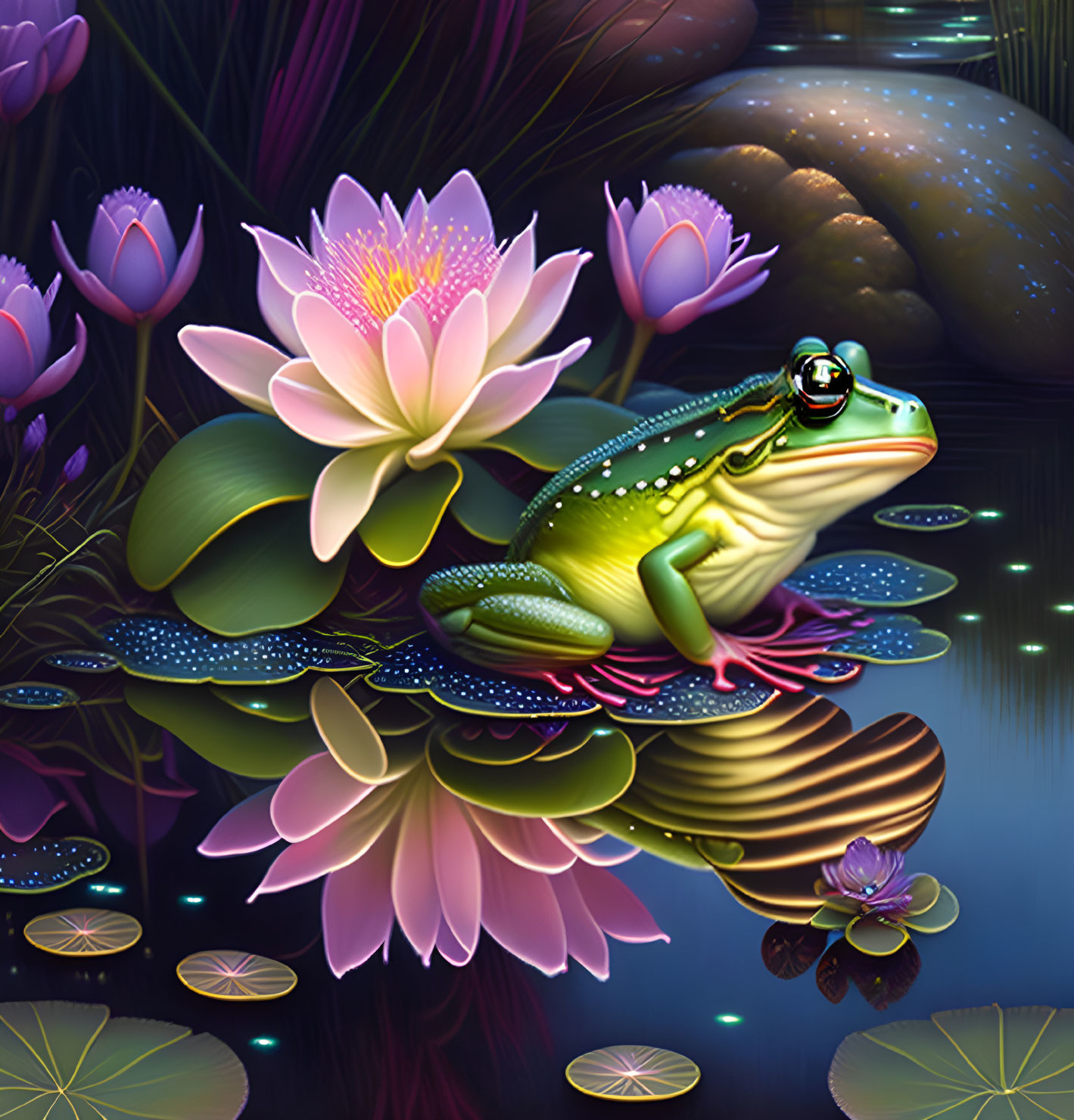 Digital artwork: Frog on lilypad with lotus flowers in glowing night scene