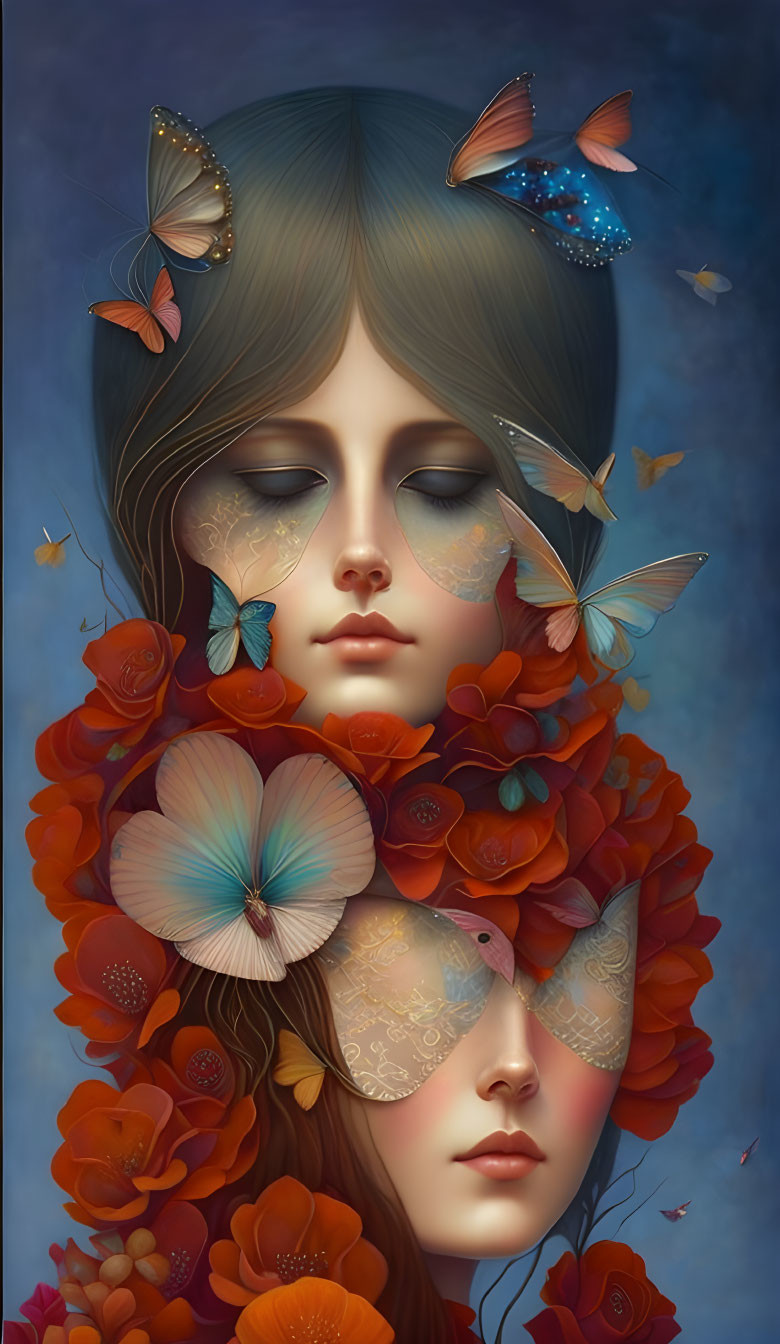 Illustration of girl with closed eyes, orange blooms, butterflies on blue background