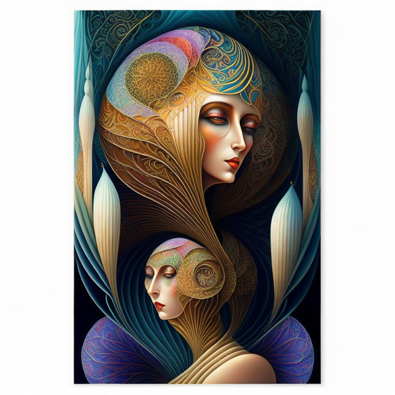 Stylized female figures with decorative headdresses on dark background